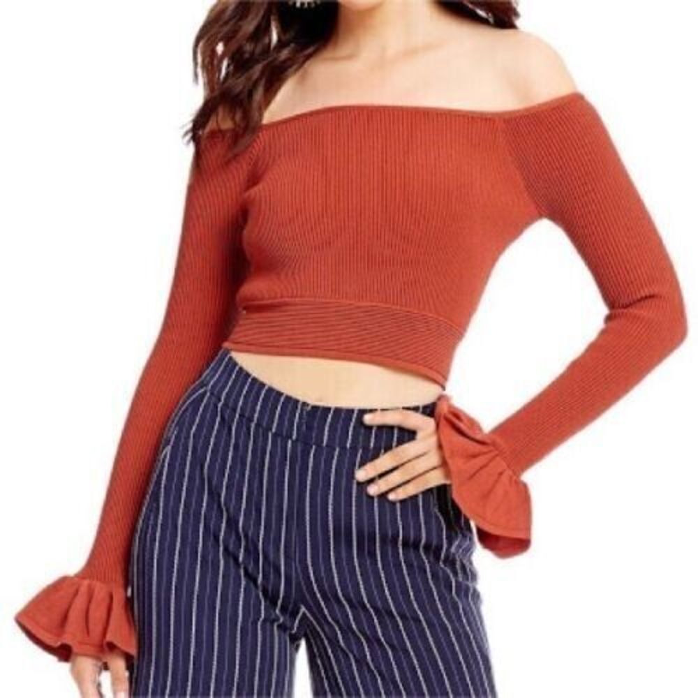 Gianni Bini Top Orange Side‎ Medium Off Shoulder Knit Cropped Back Zipper Shirt